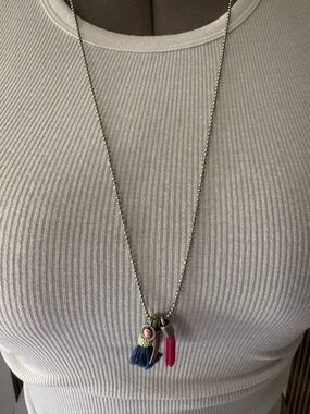 American Eagle Outfitters Silver-Tone Necklace with Navy and Pink Tassels